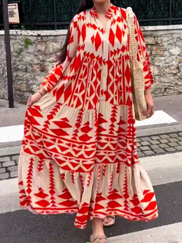 Olivia™ - Oversized Dress with V-neck Retro Print